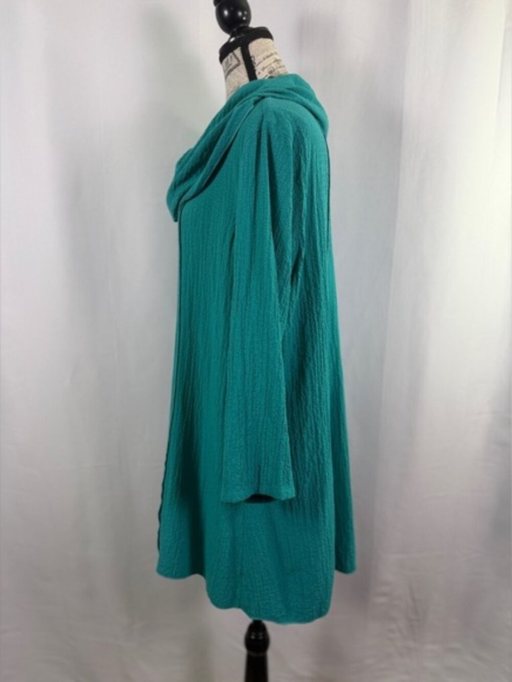 Ali Miles L Teal Cowl Neck Tunic Top Textured Swing Boho Lagenlook - Picture 7 of 9